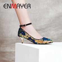 ENMAYER 2019  Sequined Cloth  Basic  Med High Fashion Pumps  Pointed Toe Party  Zapatos De Mujer  Ladies Shoes Size 34-43 LY1726 2024 - buy cheap