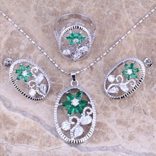 Conjunto de joias banhadas a prata, exclusivo, verde, zircônia cúbica, branca, cz, tamanho 6 / 7 / 8 / 9/10, s0175 2024 - compre barato