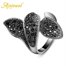Jojewel nova marca preto senhoras jóias strass completo vintage três folhas anel feminino 2024 - compre barato