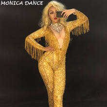 Rhinestones Sparkly Gold Stones Tassel Jumpsuit Sexy Bodysuit Female Singer Evening Stage Wear Women's Birthday Celebrate Outfit 2024 - buy cheap