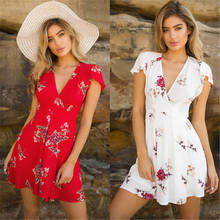 Women New Summer Dress 2018 V-Neck Short Sleeve Casual Mini Dress Boho Beach Vinatge Floral Print Party Dress Mini Sundress 2024 - buy cheap
