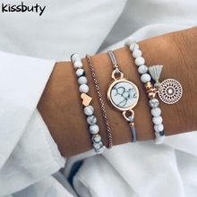 Conjunto de 4 unidades de pulsera de borla larga con corazón de estilo bohemio para mujer, brazalete de piedra clásica, cadena piel, estilo bohemio, fiesta 2024 - compra barato