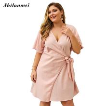 Plus Size 4xl Cotton Dress Women Summer Deep V-Neck Short Sleeve Elegant Loose Solid Color Casual Dresses Knee Length With Belt 2024 - buy cheap