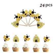 24Pcs Bumble Bee Cupcake Toppers Glitter Honeycomb Cake Topper Picks Baby Shower Gender Reveal Party Food Decoration Supplies 2024 - buy cheap