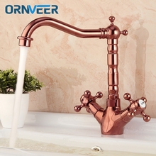 Royal Gold Plated Single Hole Double Wheel Handle Bathroom Faucet Long Mouth Swivel Rose Gold Basin Sink Mixer Tap RG-027 2024 - buy cheap