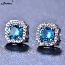 Blaike Round Cut Aqua Blue/Black/Champagne/Green/Olive Green Zircon Square Stud Earrings for Women 925 Silver Wedding Jewelry 2024 - buy cheap