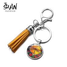 SIAN Auspicious Full Moon Dragonfly Tassel Keychain Animal Insect Art Photo Glass Cabochon Pendant Car Key Ring Bag Charm Keyfob 2024 - buy cheap