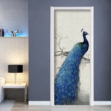 2 pcs 3D PVC Mural Wallpaper Door Sticker Poster Blue Peacock Self-Adhesive Bedroom Door Art Home Decoration Stickers Waterproof 2024 - buy cheap