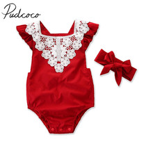 2018 Brand New Newborn Toddler Baby Girl Romper 2PCS Short Petal Sleeve Lace Backless Elastic Waist Red Jumpsuits Headband 0-24M 2024 - buy cheap