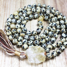 Spiritual Rough Stone Pendant Boho Jewelry Dalmatian J-asper 108 Mala Beads Collar Knotted Tassel Necklace Raw C-itrine Q-uartz 2024 - buy cheap