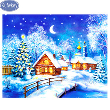 Kufwkey diamante quadrado completo bordado pintura diamante inverno, quebra-cabeça ponto cruz, casa de neve mosaico diamante, kit, decoração para casa 2024 - compre barato