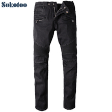 Sokotoo Men's big size black biker jeans for moto Casual classic stretch denim pants Long trousers 2024 - купить недорого