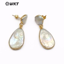 WT-E489 WKT Natural Freshwater Pearl Teardrop Shape Earrings Double White Pearl Jewelry with Gold Bezel Lady Gift Pearl Earrings 2024 - buy cheap