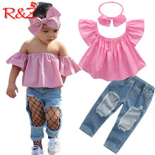 R & z-conjunto infantil de verão, moda feminina, blusas, jeans, grampos de cabelo, 3 peças, alça de ombro, conjunto, crianças, rosa, laço, buraco, jeans 2024 - compre barato