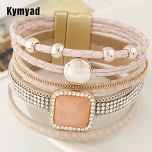 Kymyad pulseiras & braceletes para mulheres, pedra de cristal um direção multi camada pu couro enfeite pulseira feminina 2024 - compre barato