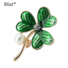 RHao Classic Green Clover Brooch Enamel Pins Unisex Paved brooches for Women Girls Dress scarf buckle collar pins wedding brooch 2024 - buy cheap