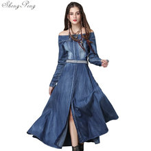 Mulheres fora do ombro sem alças denim casual vestido 2018 slash neck vestidos de festa vintage q505 2024 - compre barato