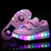 Светящиеся кроссовки с двумя колесами, черный, розовый светодиодный светильник, обувь для катания на роликах, детская обувь с подсветкой для мальчиков и девочек, обувь с подсветкой унисекс 2024 - купить недорого