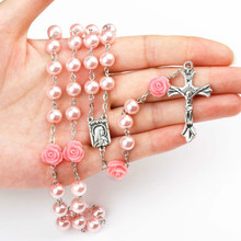 2018 pink Catholic Religious Women Christian Virgin Mary Rosary cross Necklace Jewelry Crystal Prayer Beads 2024 - buy cheap