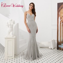 iLoveWedding Vestido de festa 2020 Gorgeous V Neck Spaghetti Straps Gray Sequined Mermaid Long Evening Dresses 2024 - buy cheap