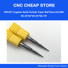 2pc R0.25*D4*20.5*50*2F HRC55 Tungsten solid carbide Taper Ball Nose End Mill cone milling cutter cnc router bit wood knife tool 2024 - buy cheap