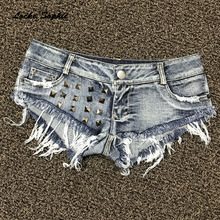Shorts feminino de cintura baixa, jeans sexy para o verão, de algodão, com rebites, maiô para senhoras, curto, 1 peça 2024 - compre barato