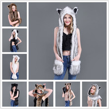 LaMaxPa Fashion Animal Women Scarf, Hat & Glove Sets 1Pcs Faux Fur Winter Warm Shawls and Wraps Hooded Fluffy Plush Dropshipping 2024 - buy cheap