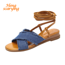 Summer 2019 New Women Jeans Gladiator Sandals Designer Rome Beach Sandal Casual Lace Up Beach Sandals Flat Shoes Sandalias Mujer 2024 - buy cheap