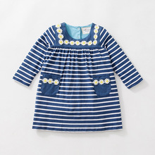 Little Maven Spring Autumn New Children Long-Sleeved O-neck Blue Striped Floral Pocket Knitted Soft Cotton Girls Casual Dresses 2024 - buy cheap