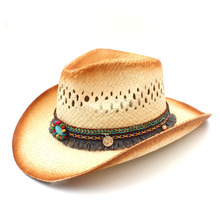 Fashion Women Western Cowboy Hat Handmade Tassel Ribbon For Lady Beach Sun Sombrero Mesh Cowgirl Hat Size 58CM 2024 - buy cheap