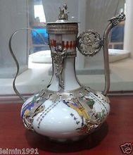 Украшение дома ремесел коллекционируемая декорированная изысканный китайский Тибетский серебристый белый фарфоровый чайник Инструменты свадебный латунь 2024 - купить недорого