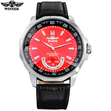 Winner brand Men's men hot Mechanical skeleton automatic fashion dress watches auto date PU leather band red dial double hand 2024 - buy cheap