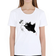 New Arrival 2019 women's Curious Cat Print T Shirt Watercolor black Butterfly kiss Cat Harajuku Print maiden girls Short Sleeve 2024 - buy cheap