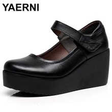 Yaerni 2018 outono cunhas femininas salto alto sapatos de couro genuíno plataforma macia sapatos femininos e539 2024 - compre barato