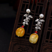 S925 Sterling Silver Antique inlaid natural honey wax amber lady leaves high-end silver ear pendant earrings wholesale 2024 - buy cheap