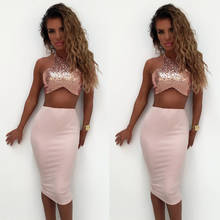 New Summer Sexy Women Ladies Clothes Sets Party Maxi Tops Vest Sleeveless Sequined Long Skirt Crop Top Two Piece Clothing Set 2024 - buy cheap