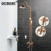 OUBONI Rose Gold Polish Solid Brass Bathroom Bathtub Shower Set Rainfall Head Crystal Dual Handles Shower Faucet Mixer Tap 2024 - buy cheap