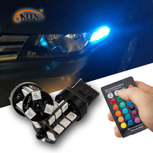 OKEEN-bombilla LED T20 para coche, luz LED Canbus, 2 uds., RGB 27SMD 5050, colorida, automotriz, flash, curvado boscópico con mando a distancia 2024 - compra barato