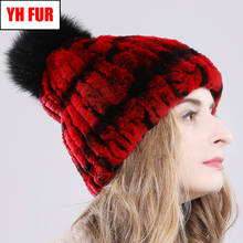 2020 Hot Sale Winter Natural Rex Rabbit Fur Hat Women Elasitc Warm Handmade Knitted Real Fur Caps Big Fox Fur Ball Beanies Hats 2024 - buy cheap