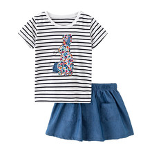Little Maven New Summer Kids Clothing Blue Striped Rabbit Applique Jeans Short O-neck Knitted 1-6yrs Cotton Girls Sets Dresses 2024 - buy cheap