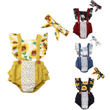 Ropa de verano para niña pequeña, mono con volantes de encaje de flores y girasol, traje con diadema, traje para el sol 2024 - compra barato