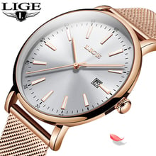 LIGE Women Fashion Gold Blue Quartz Watch Lady Mesh Watchband High Quality Casual Waterproof Wristwatch Moon Phase Clock Women 2024 - buy cheap