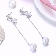 925 Silver Clear CZ Star Moon Pearl Long Chain Drop Earrings For Women Silver Jewelry 2024 - buy cheap