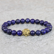 ¡Nuevo diseño 2015! pulseras con cuentas de gemas, pulsera de cabeza de león con cuentas de piedra lapislázuli azul de 8mm, joyería para hombre de alta calidad 2024 - compra barato
