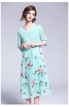 Free shipping autumn original design Chinese style flower Embroidered big size o-neck loosen dress for women 2024 - buy cheap