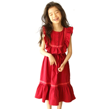 4 -14 anos meninas adolescentes vermelho vestido longo 2021 verão elegante plissado meninas vestidos sem mangas para meninas vestido de algodão simples 2024 - compre barato