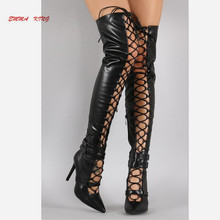 Emma King Hollow Lace Up Women Boots Over The Knee Thigh High Boots Sexy Bandage PU Solid Buckles High Heels Long Booties Red 2024 - buy cheap