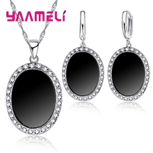 Black Oval CZ Pendant Necklace+Drop Earrings 925 Sterling Silver Austrian Crystal Jewelry Set For Female Party 2024 - buy cheap