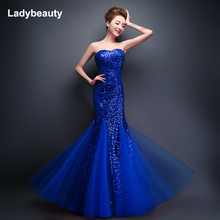 Ladybeauty 2018 New Mermaid Sweetheart Sleeveless Sequined Tulle Lace up Evening Dress Royal Blue vestidos 2024 - buy cheap