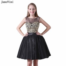 JaneVini Vintage Black Short Bridesmaid Dresses Scoop Neck Gold Lace Appliques Beaded Backless Mini Tulle Prom Gowns In Stock 2024 - buy cheap